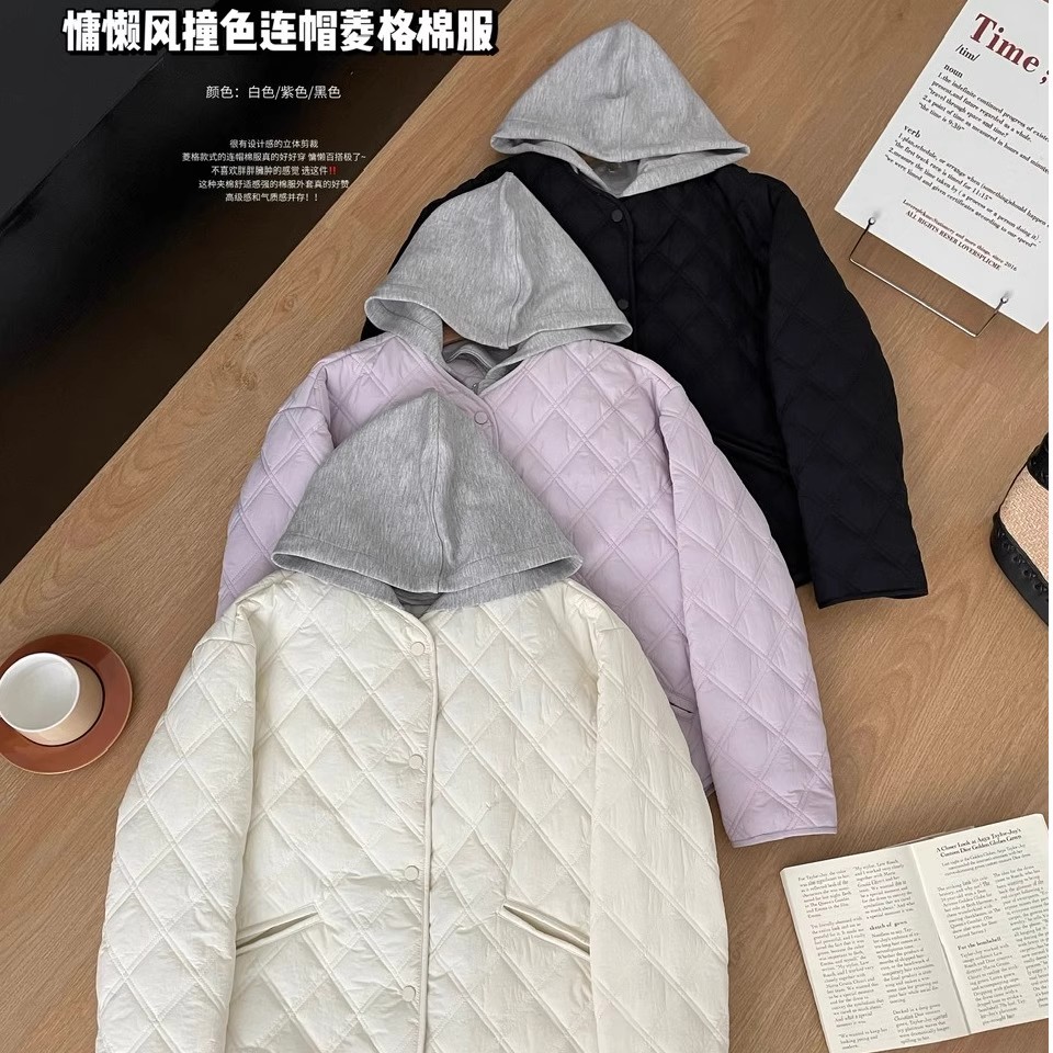 学院风菱格轻薄保暖连帽棉服女