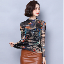 上衣T恤女 网纱印花打底修身 2021秋季 新款 大码 半高领时尚 弹力小衫