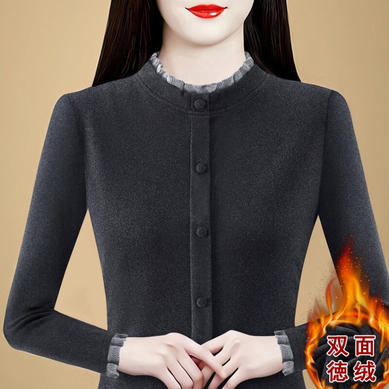 加绒加厚针织领设计感女款爆款长袖打底衫百搭保暖t恤上衣小衫潮