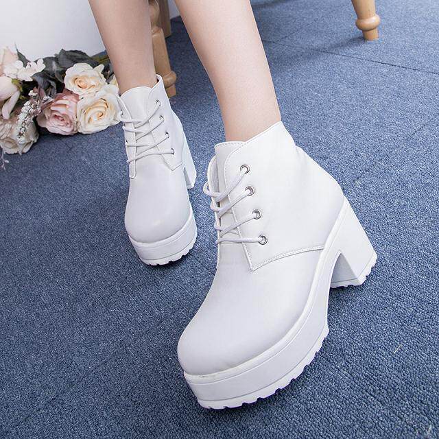 BLACK AND WHITE TWO-COLOR JAPANESE UNIFORM SHOES COS UNIVERSAL TIE UNIFORM BOOTS THICK THICK SHORT BOOTS BLACK AND WHITE