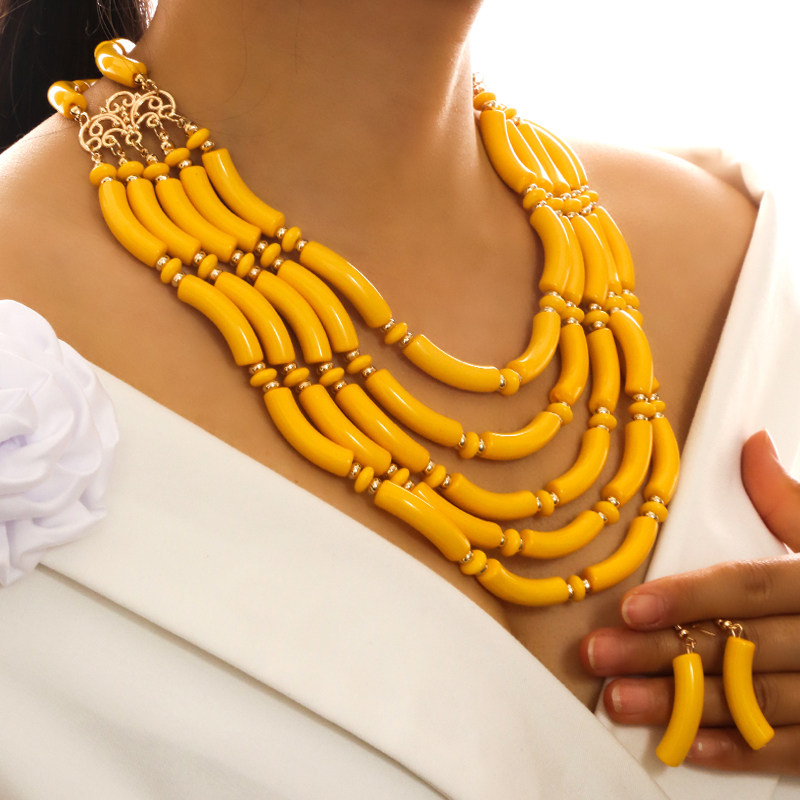 欧美时尚亚克力玻浪多层珠百搭气质女士项链耳环两件套套装0522