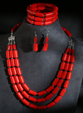 欧美时尚绚丽多层珠百搭气质女士项链耳环手链组合三角套套装0522