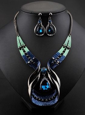 土耳其新疆欧美夸张首饰 时尚蓝色宝石项链耳环套装饰品晚宴配饰