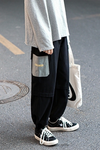 港风2021秋季工装裤男休闲裤哈伦裤长裤子拼色直筒裤K57-P55控78图片