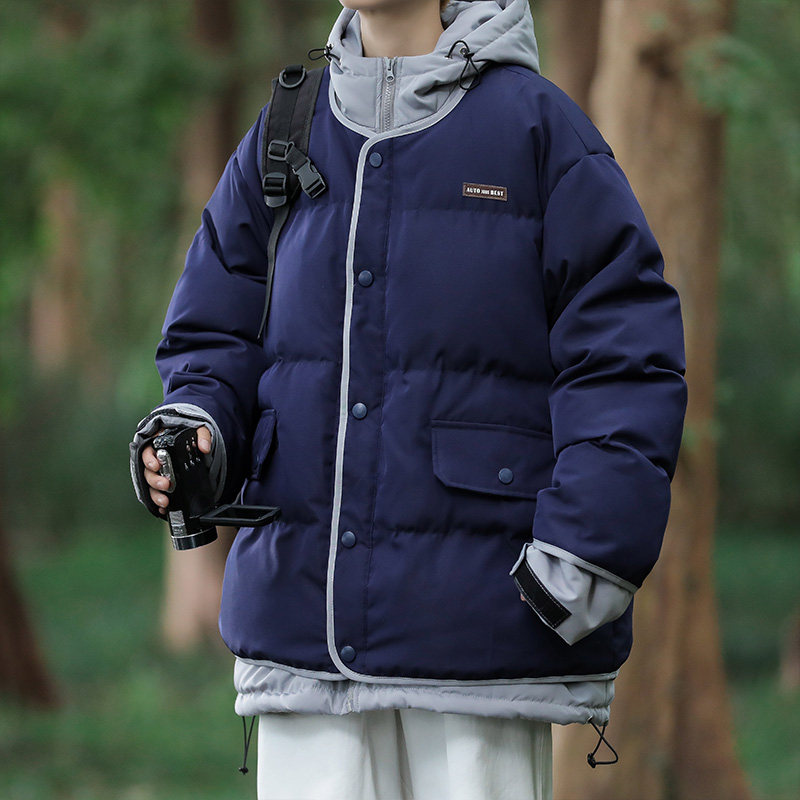2024冬季假两件连帽棉衣港风大码加绒加厚外套MY6011-P135控168,男装棉衣,星座810(原QT5070)