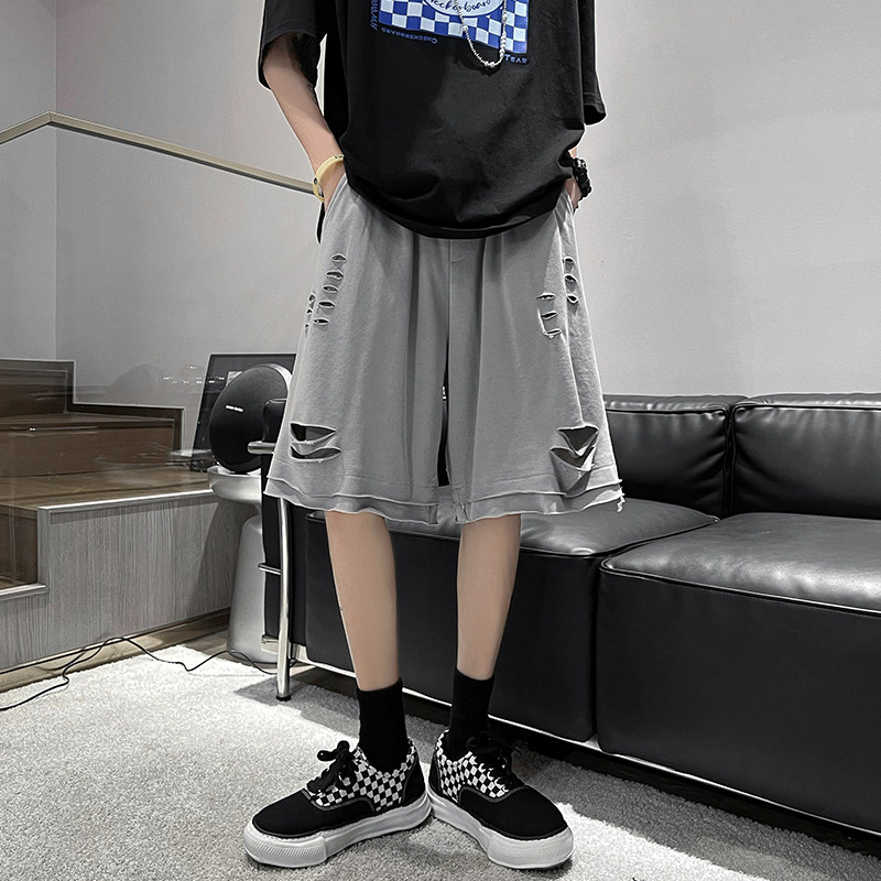 2025夏季港风破洞短裤潮男休闲裤五分裤篮球裤卫裤DK1306-P45控58图片