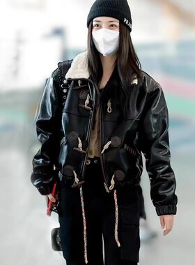 徐璐程潇明星同款黑色pu皮衣短款外套女牛角扣夹克服棉服2023秋冬