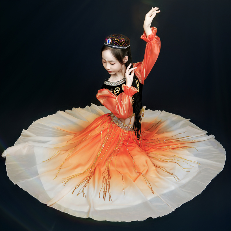 新疆舞蹈演出服儿童2025新款维吾尔族大摆裙长裙服饰女童舞蹈服