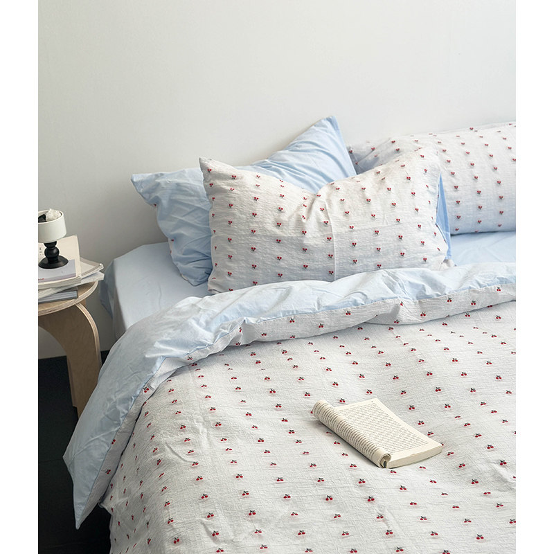 韩国ins风海蓝樱桃刺绣全棉提花床单被套床笠 法式纯棉床上四件套