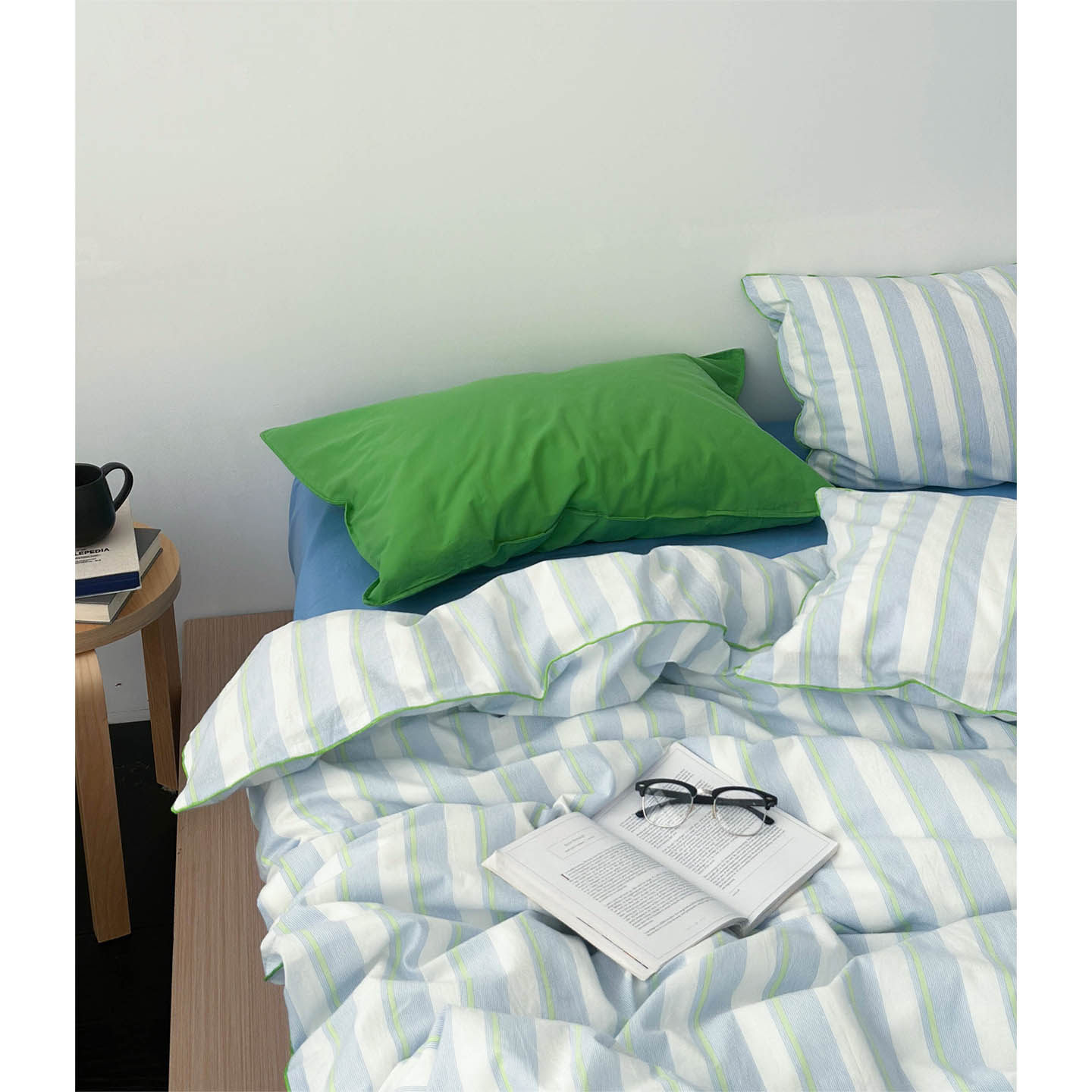 韩国博主苏打蓝绿条纹全棉水洗棉床上四件套 ins简约纯棉床单被套