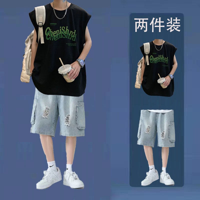 夏季套装男士港风背心男无袖t恤宽松潮牌牛仔短裤搭配一套痞帅气