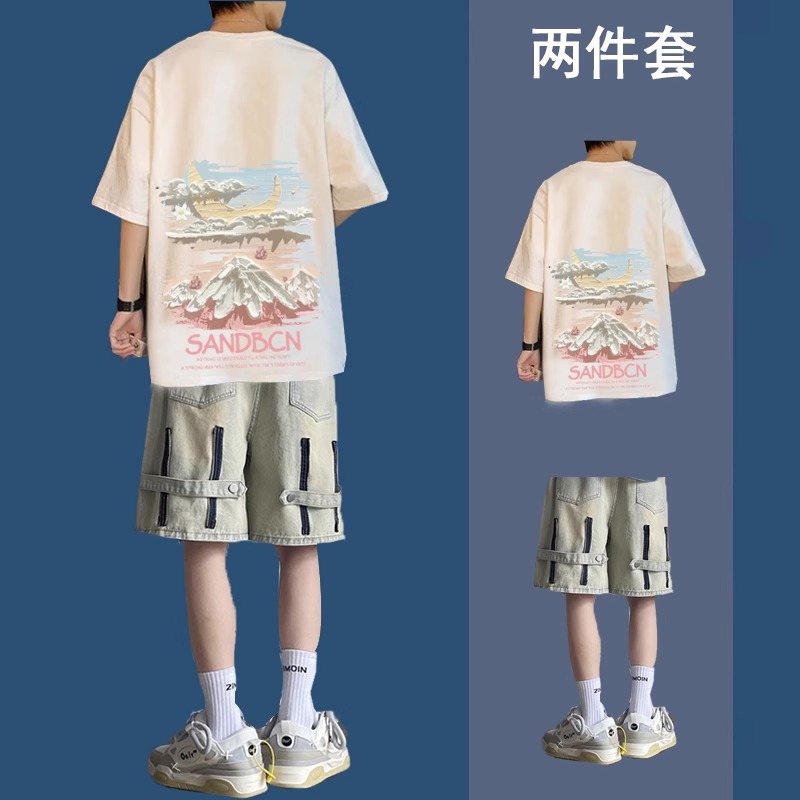短袖t恤套装男夏季潮牌牛仔短裤网红男装一套搭配痞帅炸街两件套