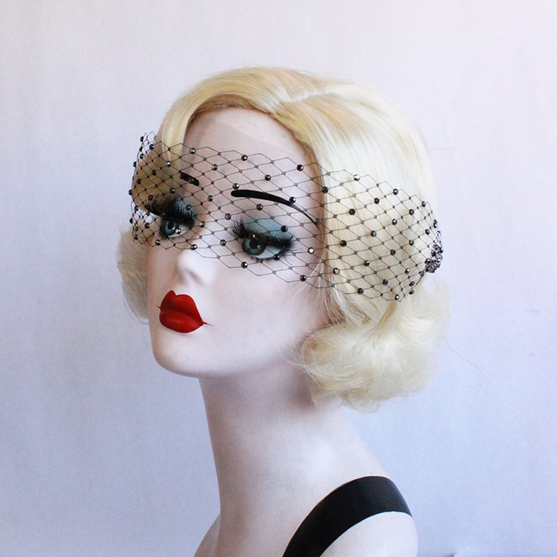 欧美黑色遮眼发夹舞会配饰水钻