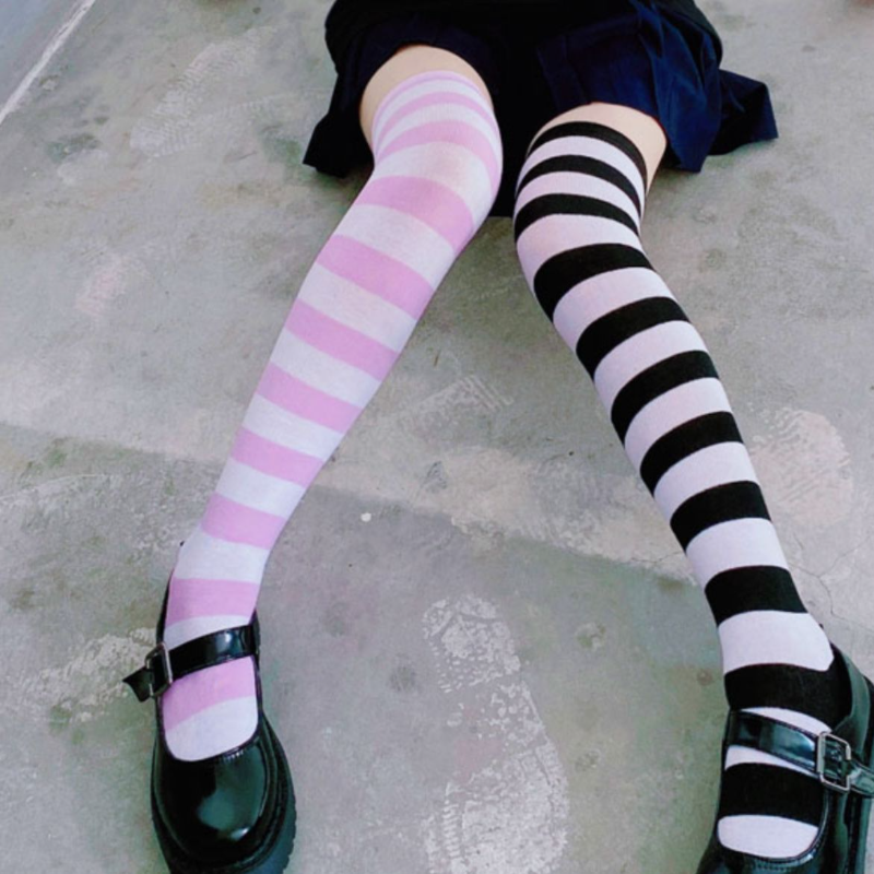日系高筒袜可爱条纹过膝袜女蓝白粉大腿袜cosplay袜子