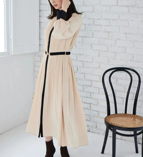 日单andem 原单2023秋新重工百褶撞色拼接收腰显瘦气质长连衣裙