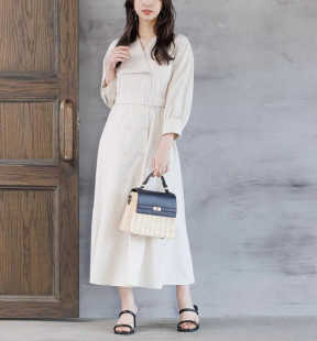 日单原单2024春夏新款 设计感小众职场风淑女大摆风衣领连衣裙腰带