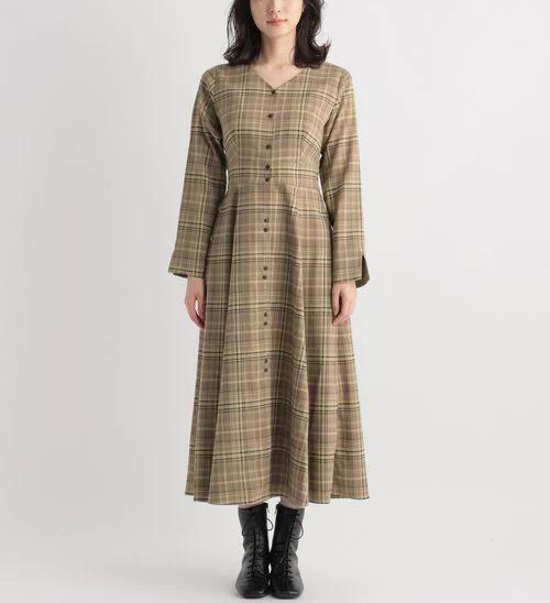 日单andem*u 原单2022早秋法式复古格子气质设计感小众长袖连衣裙