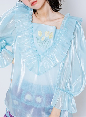 日单candystripper.原单2022春夏新款欧根纱宽松百褶荷叶上衣衬衫