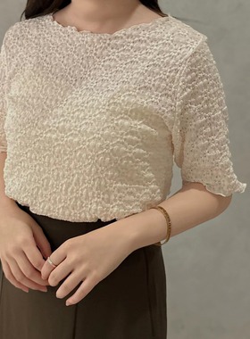 日单apres jour原单2023夏季新款泡泡布花朵镂空透气百搭短袖上衣