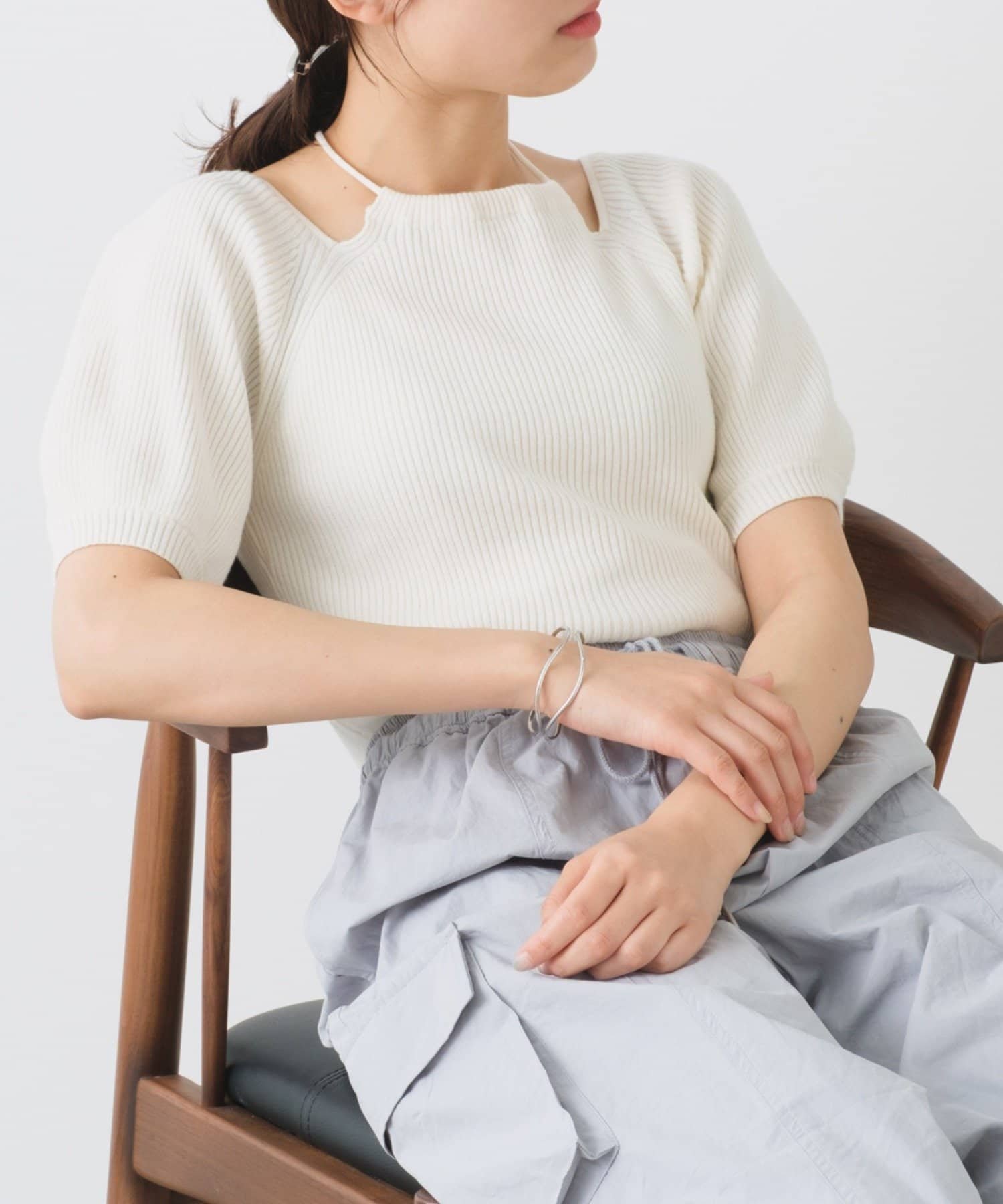 套头系带螺纹挂脖短袖针织上衣