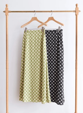 日单sear*om原单2024夏季新款薄款高腰休闲舒适格纹中长款半身裙