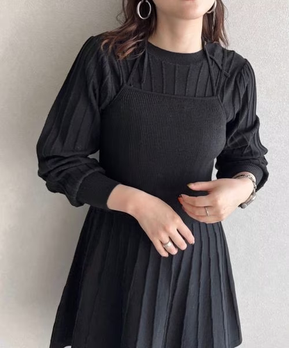 吊带针织收腰长袖连衣裙两件套女