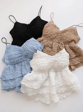 日单sear*om 原单2024夏新泡泡布设计感小众露背多层拼接短款上衣