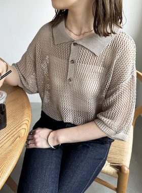 日单discoat 原单2023夏季新款网眼薄款宽松叠穿衬衫polo领上衣女