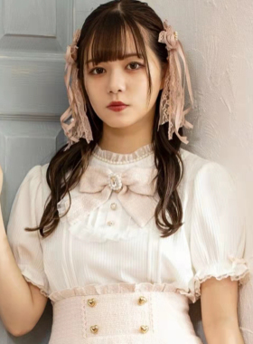 lizlisa2022 春夏新日单原单甜美可爱蝴蝶结蕾丝边珍珠领短袖衬衫
