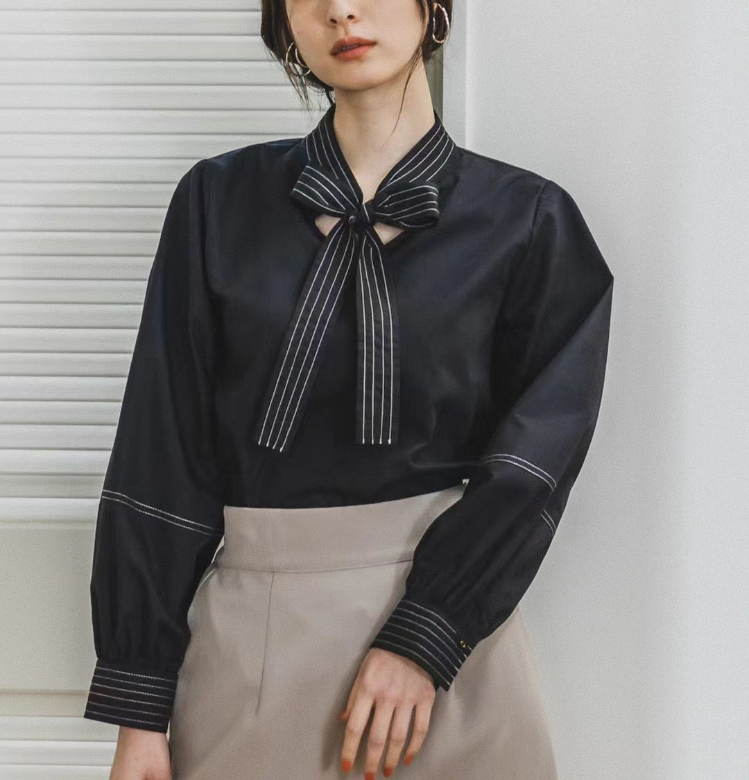日单andem*u 原单2023早春薄款内搭衬衫领口系带小众风高级感上衣