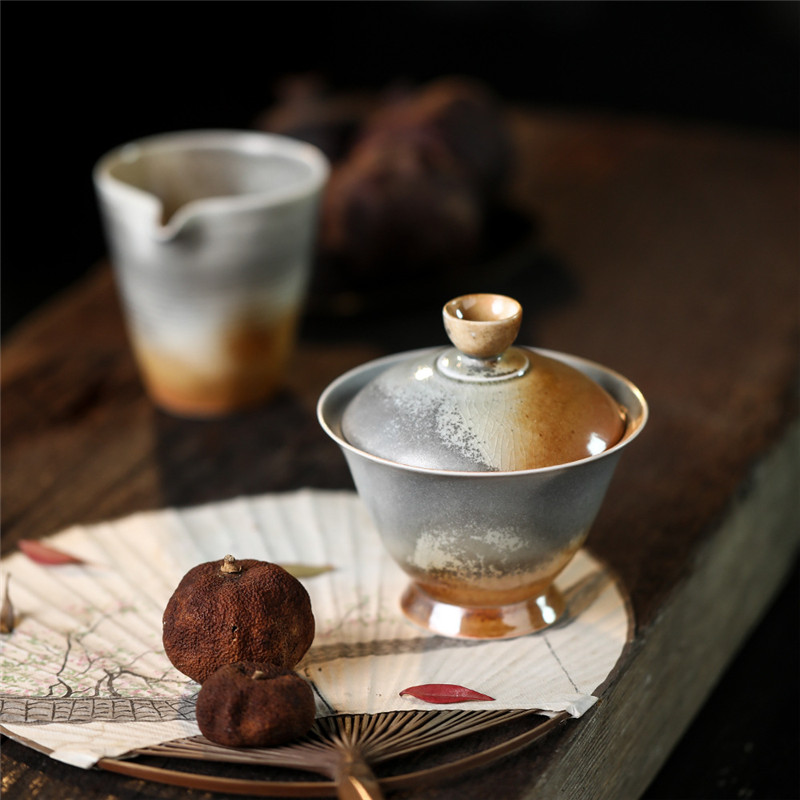 纯手工盖碗茶杯景德镇柴烧山韵二才碗功夫茶具复古茶碗薄胎泡茶器