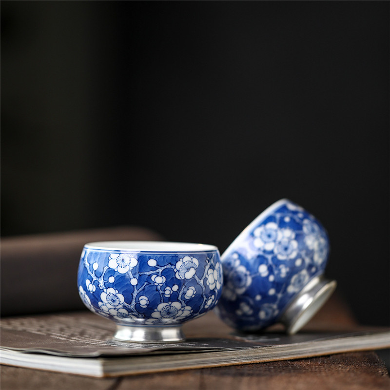 复古青花手绘汾水高足冰梅主人杯鎏银手工茶杯景德镇陶瓷功夫茶具