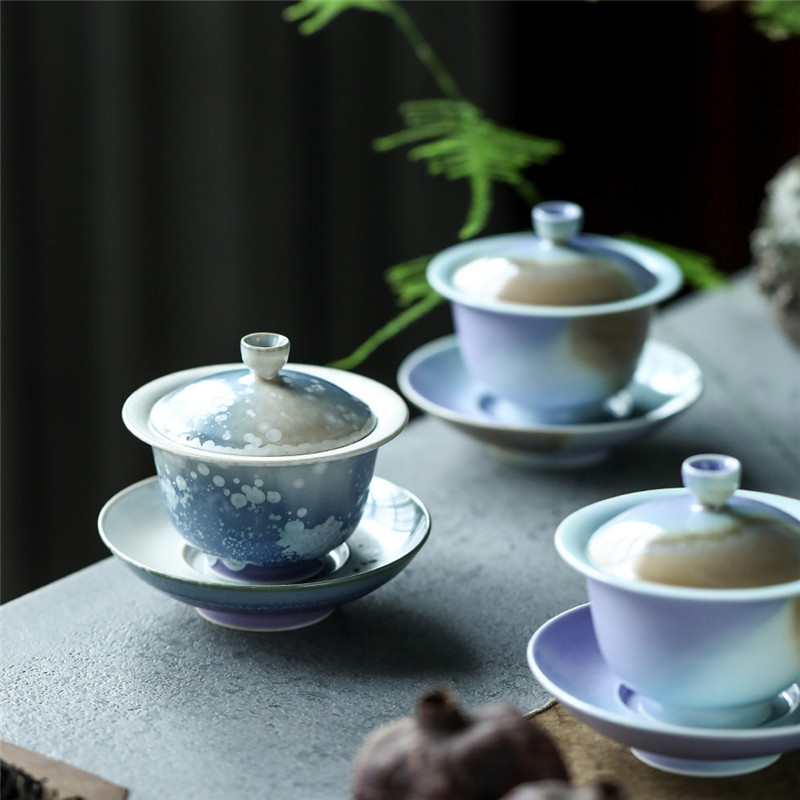 景德镇紫色极光窑变三才盖碗手工陶瓷中式泡茶器茶杯家用功夫茶具