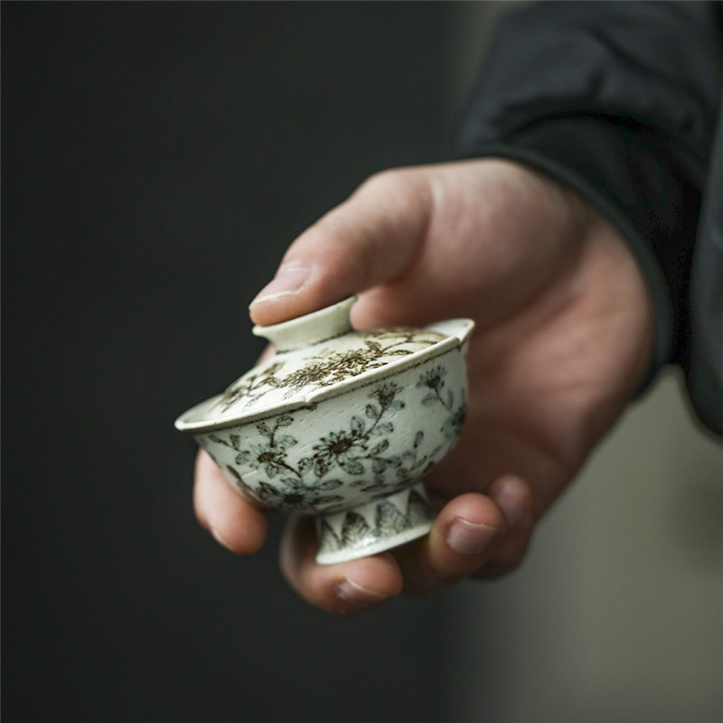 景德镇手作粗陶釉里金洪武青花雏菊二才盖碗茶杯古朴简约功夫茶具