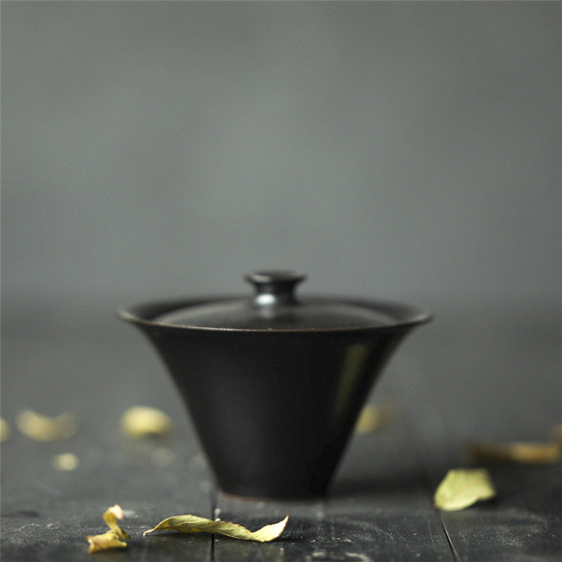 景德镇陶艺家纯手工黑釉二才盖碗茶杯泡茶器陶瓷家用极简功夫茶具