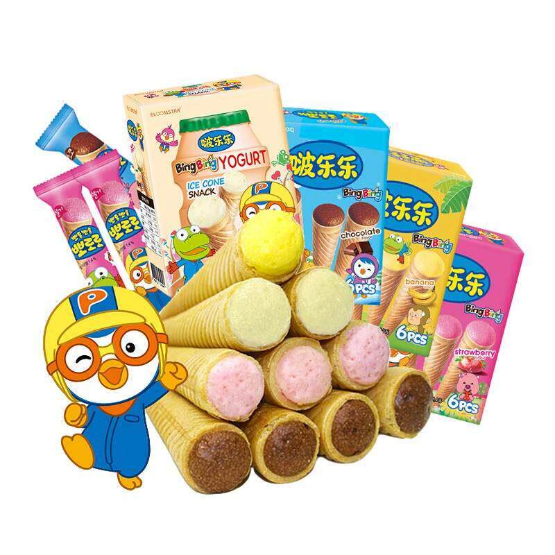 临期特卖特价韩国进口啵乐乐冰淇淋形饼干夹心蛋卷巧克力脆筒威化