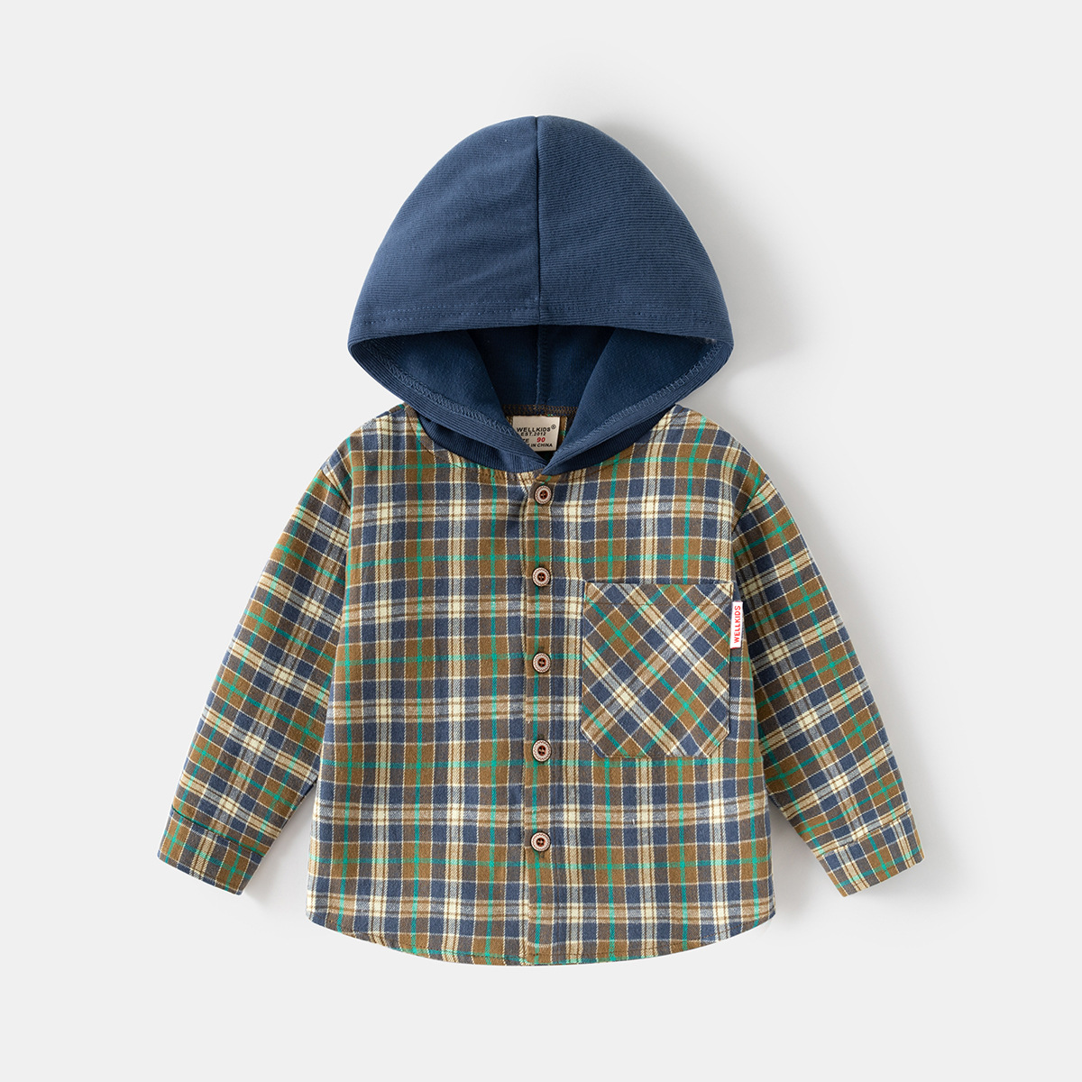 童装宝宝格子连帽衬衫春秋新款