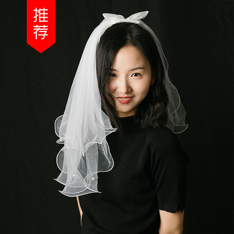 2020新钉珠头纱女双层短款旅拍海马体新娘头饰超仙婚纱蝴蝶结头纱