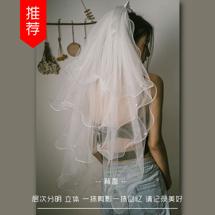 新娘头纱2020钉珠多层韩式蓬蓬网红旅拍照头纱带发梳超仙森系头饰