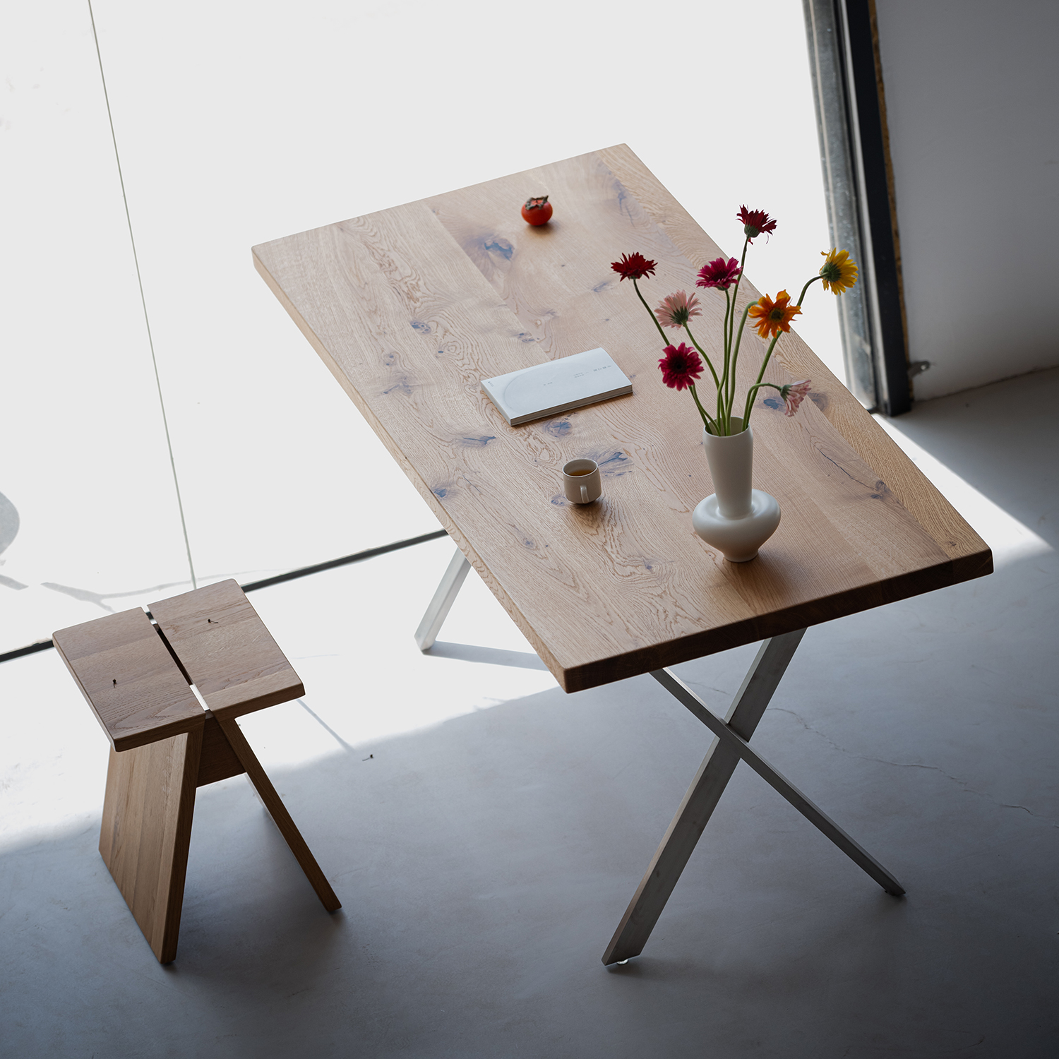 叁几尘双白橡木原木餐桌家用小户型实木饭桌长方形桌子工作台岛台