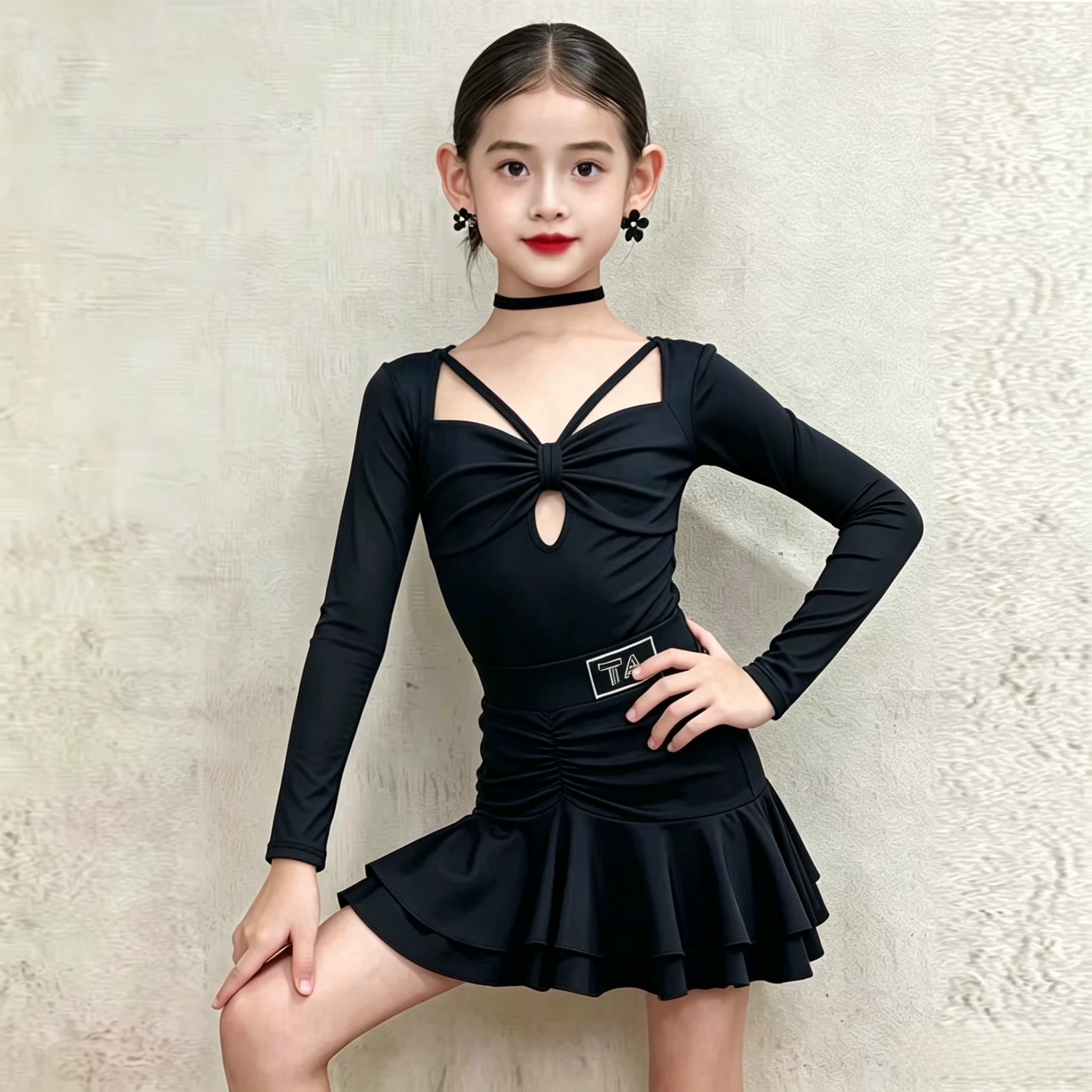 女童黑色拉丁舞练功服专业演出比赛服训练长袖套装