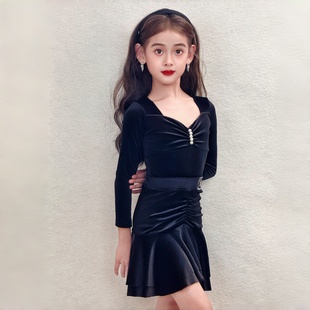 显瘦演出服 舞蹈训练服女童拉丁舞服秋冬修身 长袖 丝绒练功服套装