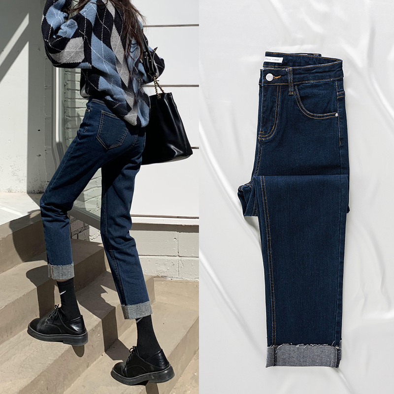 高腰卷边直筒牛仔裤女大码显瘦