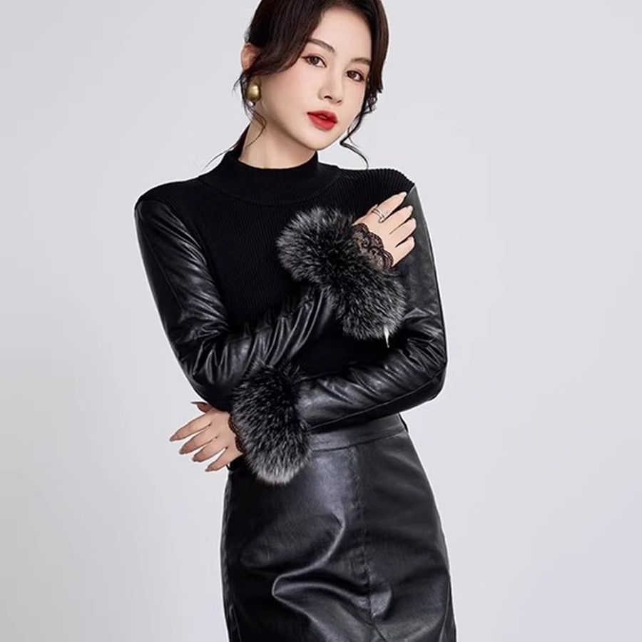 皮袖打底衫女冬袖子加绒加厚加棉毛衣羽绒袖棉袖内搭配皮草的小衫