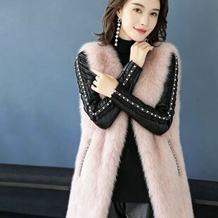 PU皮拼接针织打底衫皮袖子内搭加绒加厚保暖毛衣女冬配皮草马甲穿