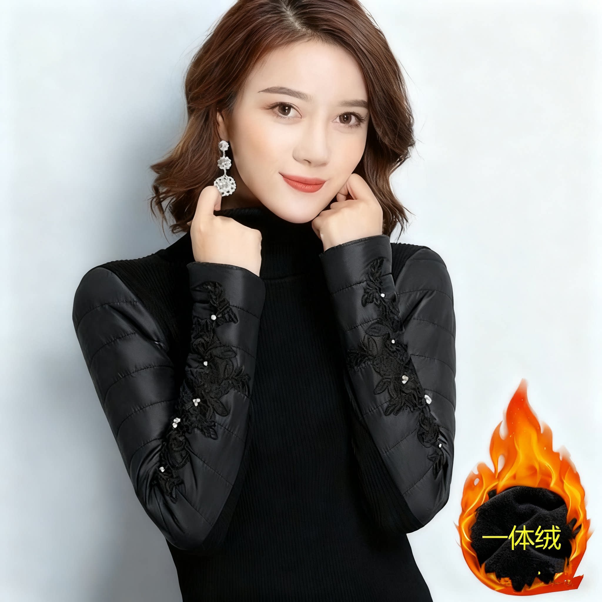 羽绒袖加绒加厚高领女针织打底衫