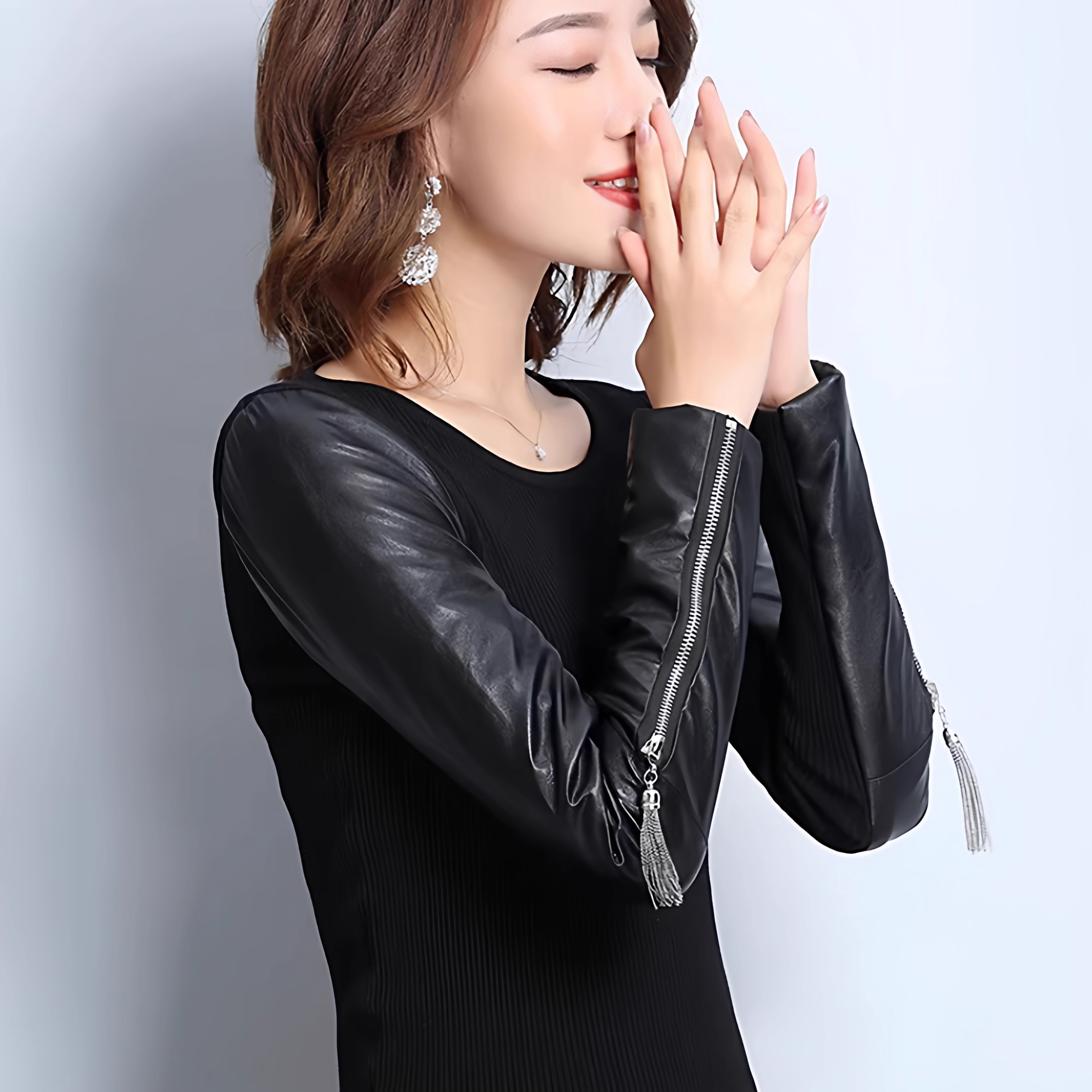 搭配皮草马甲的内搭棉袖子加绒加厚毛衣皮袖打底衫女冬羽绒袖小衫