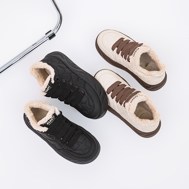 休闲平底圆头厚底加绒面包鞋