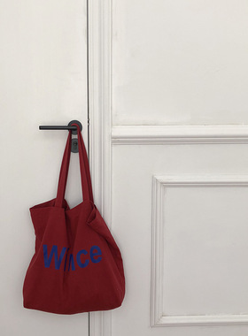 小布自制  韩国ulzzang手提包蓝色字母红色休闲帆布单肩女包包