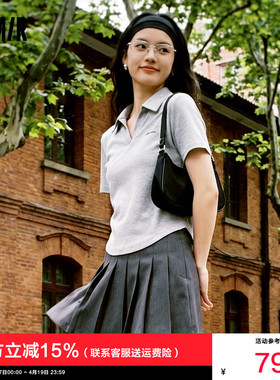 森马POLO衫女夏季短款正肩修身字母绣花套头衫简约灰色小个子衣服